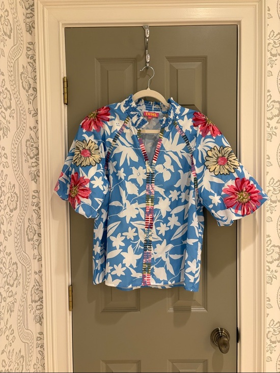 THML Tops - THML Blue Floral Puff-Sleeve Blouse with Pink & Yellow Blooms